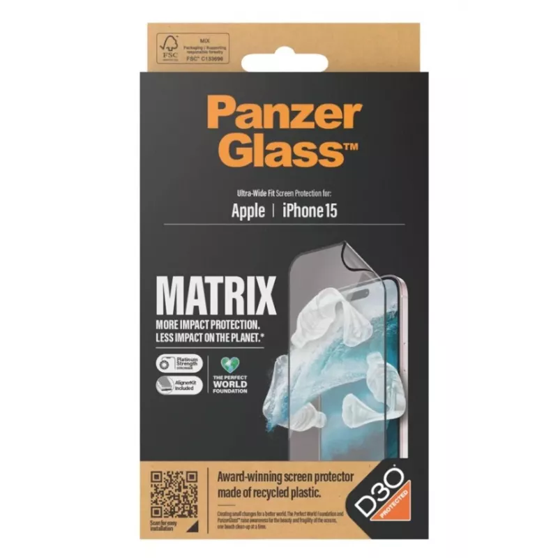 PanzerGlass MATRIX Protector de pantalla con D3O para iPhone 15 | Ultra-Wide Fit con AlignerKit