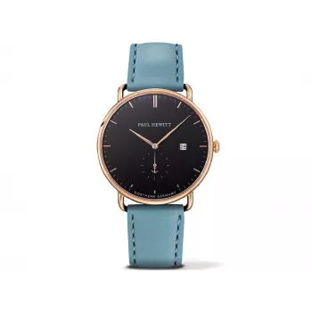 Reloj de hombre PAUL HEWITT Sailor Line PHTGAGB23S 42mm cuarzo caja de acero inoxidable chapado en oro IP esfera blanca correa de piel negra