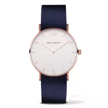 PAUL HEWITT Reloj unisex PH-SA-RSTWN20 39 mm caja de acero inoxidable oro rosa esfera blanca correa de nailon náutico