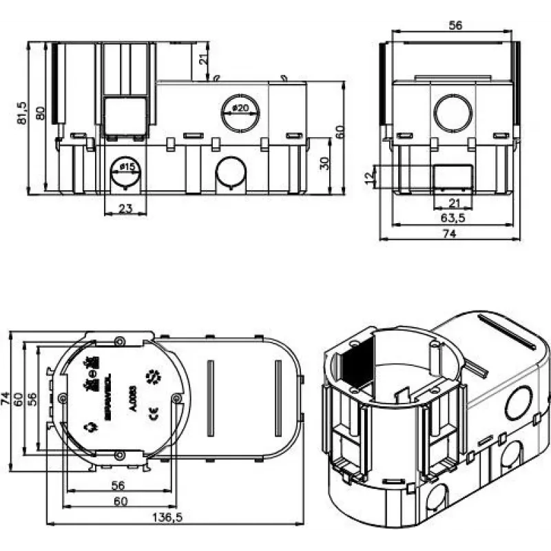 PAWBOL A.0083 caja de derivación empotrable profunda para electrónica, 68 mm de diámetro, naranja