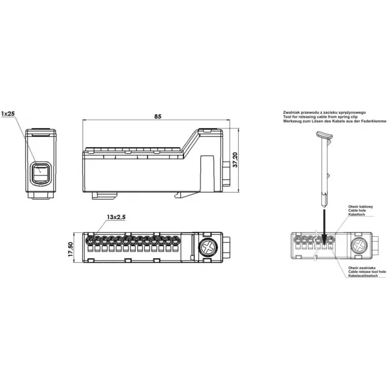 PAWBOL borne de carril sin tornillos LZB E.4136SZ gris (12 polos, 450V, 24A)