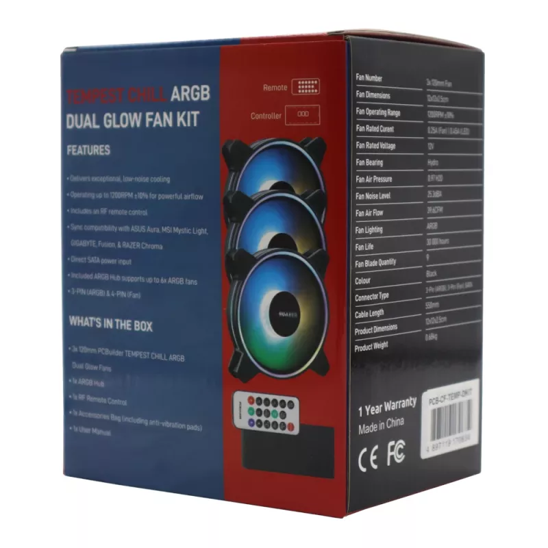 PCBuilder Tempest Chill Kit de ventiladores 3x120mm ventiladores ARGB Dual Glow + controlador + mando RF