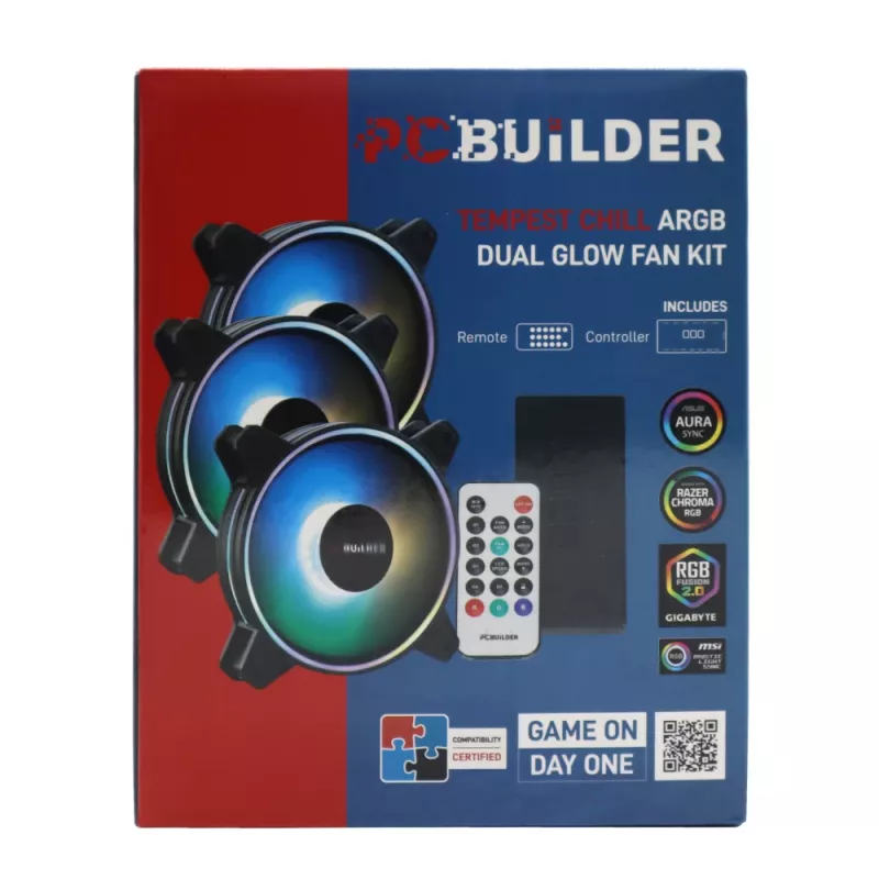 PCBuilder Tempest Chill Kit de ventiladores 3x120mm ventiladores ARGB Dual Glow + controlador + mando RF