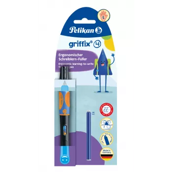 Pelikan griffix® estilográfica para zurdos - negro neón - tinta azul - sistema de cartuchos - carcasa de plástico - plumín de acero inoxidable - zurdos (820356)