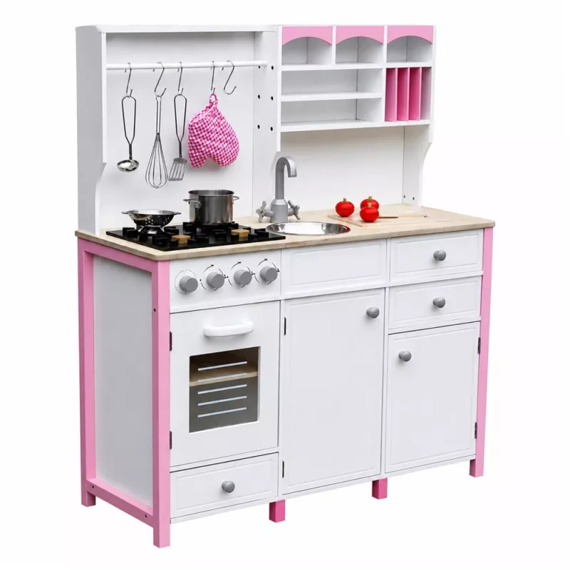 Cocina de juguete de madera PETMEX Paula para niños Rosa Blanco con elementos de apertura
