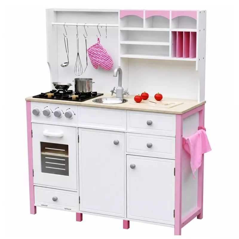 Cocina de juguete de madera PETMEX Paula para niños Rosa Blanco con elementos de apertura