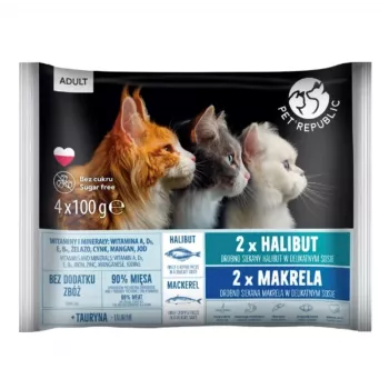 PETREPUBLIC Adult fletán y caballa alimento húmedo para gatos – 4x100g bolsas