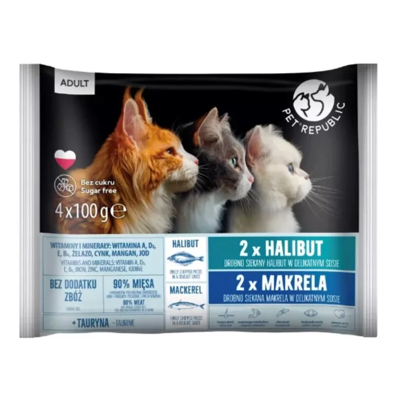 PETREPUBLIC Adult fletán y caballa alimento húmedo para gatos – 4x100g bolsas