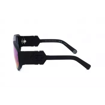 PHILIPP PLEIN SPP093M-703V Gafas de sol de hombre, Forma piloto cuadrada, Montura de acetato negra, Lentes de policarbonato grises, Protección UV400, 65/16/145 mm