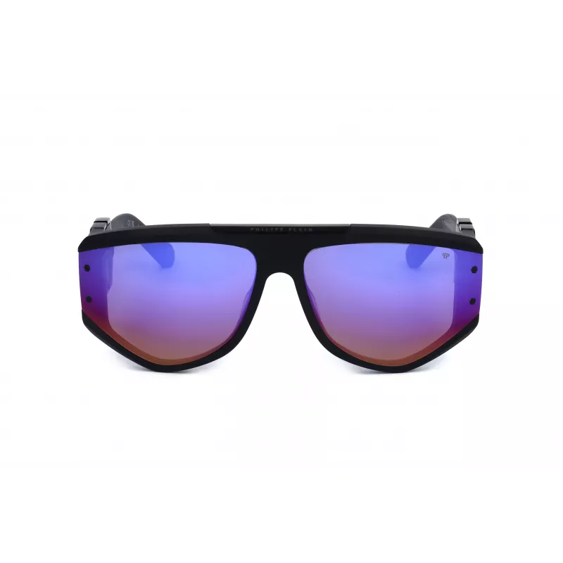 PHILIPP PLEIN SPP093M-703V Gafas de sol de hombre, Forma piloto cuadrada, Montura de acetato negra, Lentes de policarbonato grises, Protección UV400, 65/16/145 mm