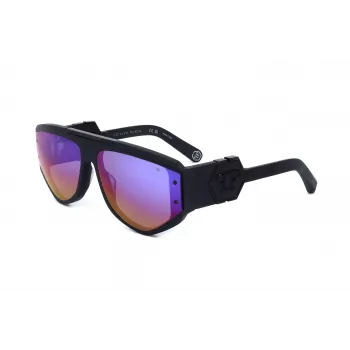 PHILIPP PLEIN SPP093M-703V Gafas de sol de hombre, Forma piloto cuadrada, Montura de acetato negra, Lentes de policarbonato grises, Protección UV400, 65/16/145 mm