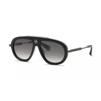 PHILIPP PLEIN SPP151V57700Y Gafas de sol de hombre - Montura de acetato negra, lentes de policarbonato grises, 57 mm