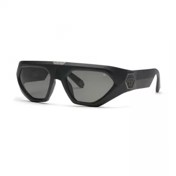 PHILIPP PLEIN SPP153-580U28 gafas de sol rectangulares de hombre, montura de acetato negra brillante, lentes de policarbonato gris humo, 58 mm