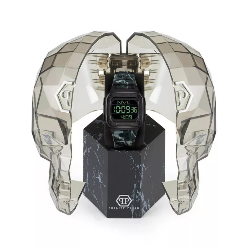 Philipp Plein The $kull Reloj de cuarzo para hombre 44mm acero inoxidable negro silicona PWHAA1822