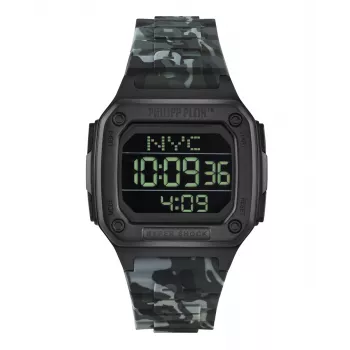 Philipp Plein The $kull Reloj de cuarzo para hombre 44mm acero inoxidable negro silicona PWHAA1822