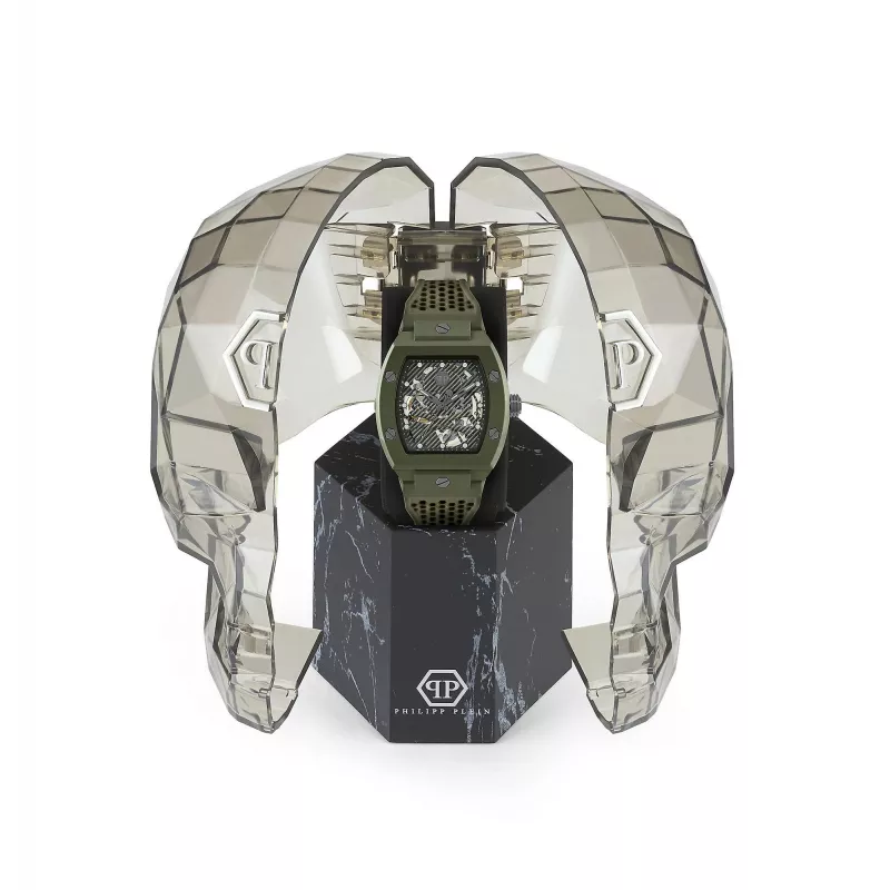 Philipp Plein The $kull Reloj hombre PWVBA0223 44mm acero inoxidable cuarzo esfera negra correa de silicona