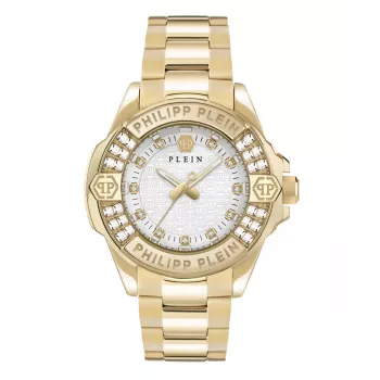 Philipp Plein Reloj de mujer The $kull cuarzo 38mm acero inoxidable esfera negra correa de silicona PWOFA0725