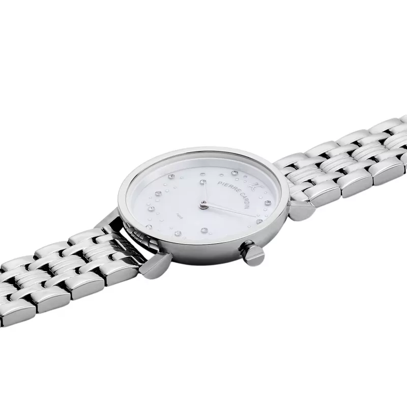 Pierre Cardin reloj de mujer analógico de cuarzo CCM.0550 32mm caja de acero inoxidable esfera plateada correa de piel negra