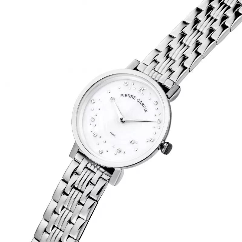 Pierre Cardin reloj de mujer analógico de cuarzo CCM.0550 32mm caja de acero inoxidable esfera plateada correa de piel negra