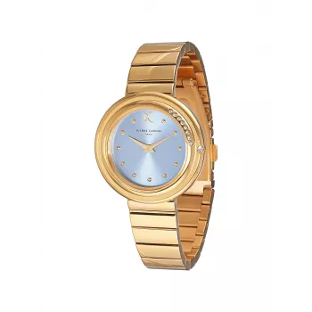 Pierre Cardin Reloj de pulsera de cuarzo para mujer CF.1010.MG.1 - 32 mm Caja de acero inoxidable dorado, esfera blanca, correa de piel marrón