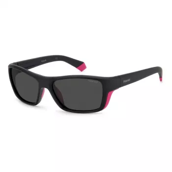 Gafas de sol de hombre POLAROID SPORT PLD7046S3MR rectangulares deportivas wrap, montura negra, lentes grises polarizadas, 57-17-135 mm
