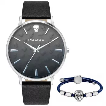POLICE Hombre Reloj analógico de cuarzo PLTASM2SET20 44mm Caja de acero inoxidable esfera azul cuero marrón y correa de malla plateada