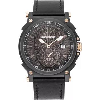 POLICE Reloj de hombre analógico de cuarzo PL15728JSB.02 48mm carcasa de acero inoxidable correa de piel negra