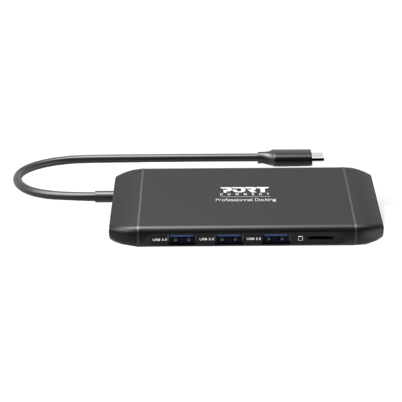 PORT USB-C docking station hub 11 en 1 con HDMI 4K, VGA, Gigabit Ethernet, 100W PD, USB 3.1, SD/MicroSD, audio - negro