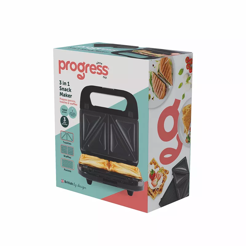 Progress EK6666PVDE 3 in 1 Snack Maker – máquina para gofres, sándwiches y donuts, 900W, negro