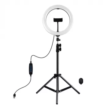 PULUZ Aro de luz LED de 26cm con trípode hasta 1,1 m y soporte para móvil, alimentación USB