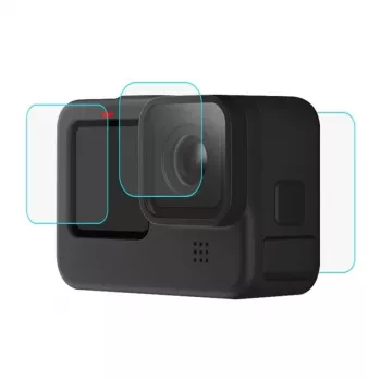 PULUZ PU507 Set de protección de pantalla y objetivo de cristal templado 9H para GoPro HERO12/11/10 Black – Set de 3 piezas (frontal, trasera, objetivo)