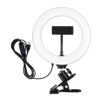 Anillo de luz profesional PULUZ PKT3120B de 20 cm para vlogging, streaming en directo y maquillaje – 80 LEDs, 10W, 3000K-6500K, 10 niveles de regulación, con pinza para monitor y soporte para móvil – negro