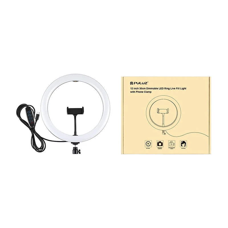 PULUZ PU656B aro de luz LED con soporte para teléfono, 160 LED, 3200K–6500K, USB-C