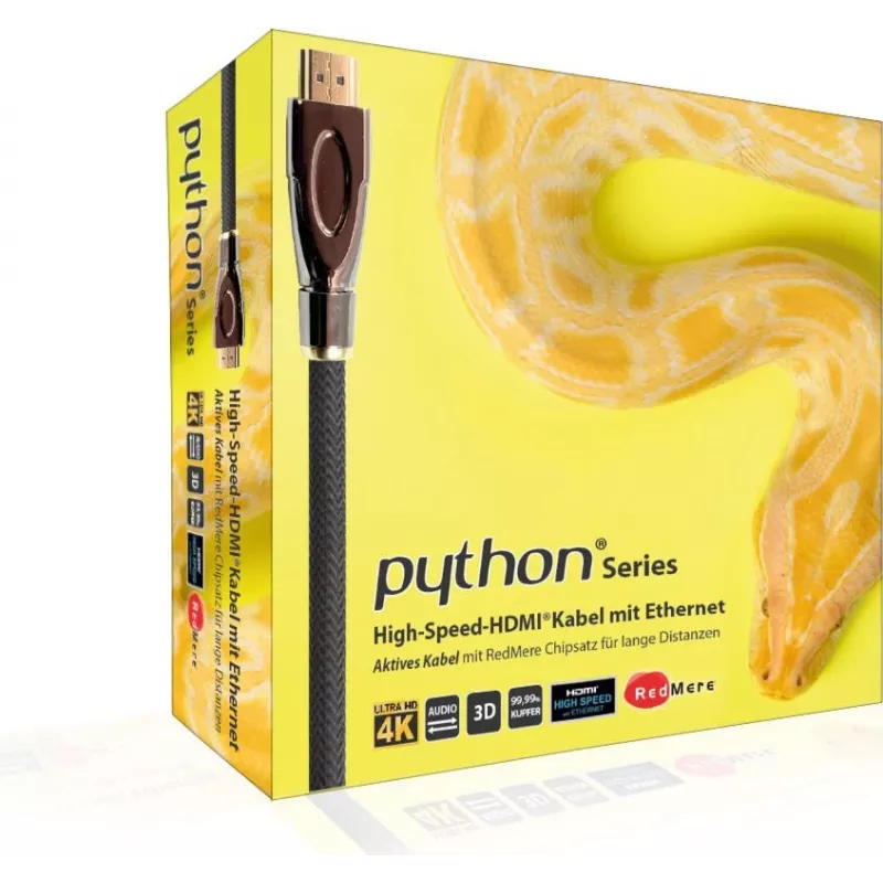 PYTHON GC-M0022 Cable HDMI activo de alta velocidad de 20m con Ethernet, 4K2K/UHD, chip Redmere, contactos dorados, OFC, trenzado de nailon, negro