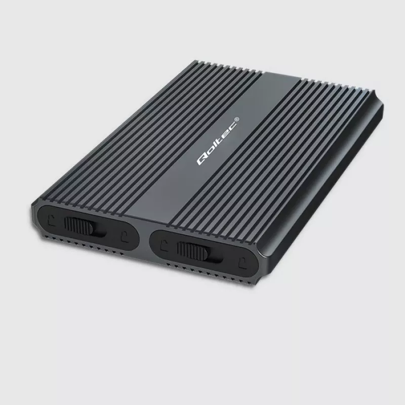 Qoltec Carcasa para SSD Dual M.2 NVMe SATA con USB-C 3.2 Gen 2, aluminio sin herramientas, compatible con 2x2TB, UASP, TRIM, 10Gbps