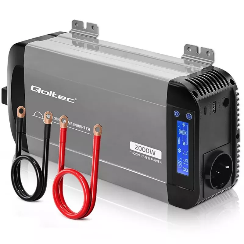 Qoltec Inversor de onda sinusoidal pura 12V a 230V 1000W/2000W con LCD, USB, USB-C, compatible con LiFePO4/GEL/AGM