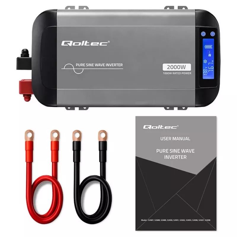 Qoltec Inversor de onda sinusoidal pura 12V a 230V 1000W/2000W con LCD, USB, USB-C, compatible con LiFePO4/GEL/AGM