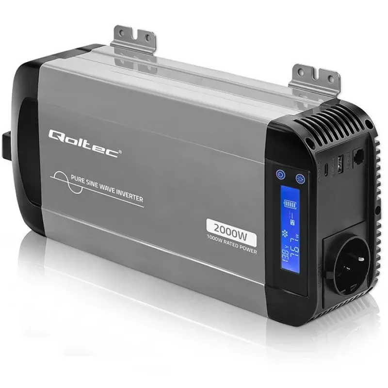 Qoltec Inversor de onda sinusoidal pura 12V a 230V 1000W/2000W con LCD, USB, USB-C, compatible con LiFePO4/GEL/AGM
