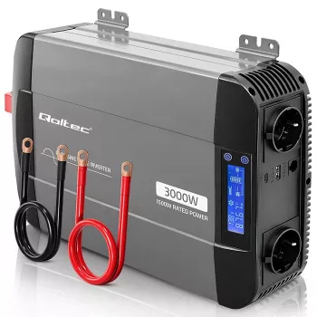 Qoltec Inversor de onda senoidal pura 12V a 230V 1500W/3000W con LCD USB USB-C para LiFePO4 GEL AGM