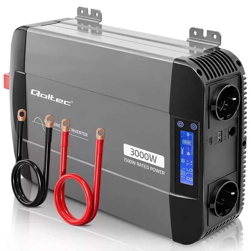 Qoltec Inversor de onda senoidal pura 12V a 230V 1500W/3000W con LCD USB USB-C para LiFePO4 GEL AGM