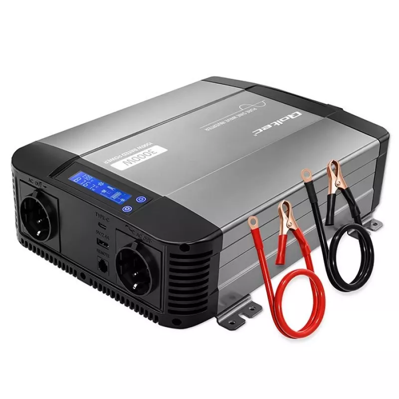 Qoltec Inversor de onda senoidal pura 12V a 230V 1500W/3000W con LCD USB USB-C para LiFePO4 GEL AGM