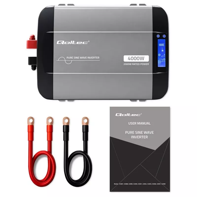 Qoltec Inversor de onda senoidal pura 12V a 230V 2000W/4000W con LCD, USB, USB-C, compatible con LiFePO4/GEL/AGM