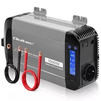 Qoltec Inversor de onda senoidal pura 12V a 230V 500W/1000W con LCD, USB, USB-C, compatible con LiFePo4/GEL/AGM