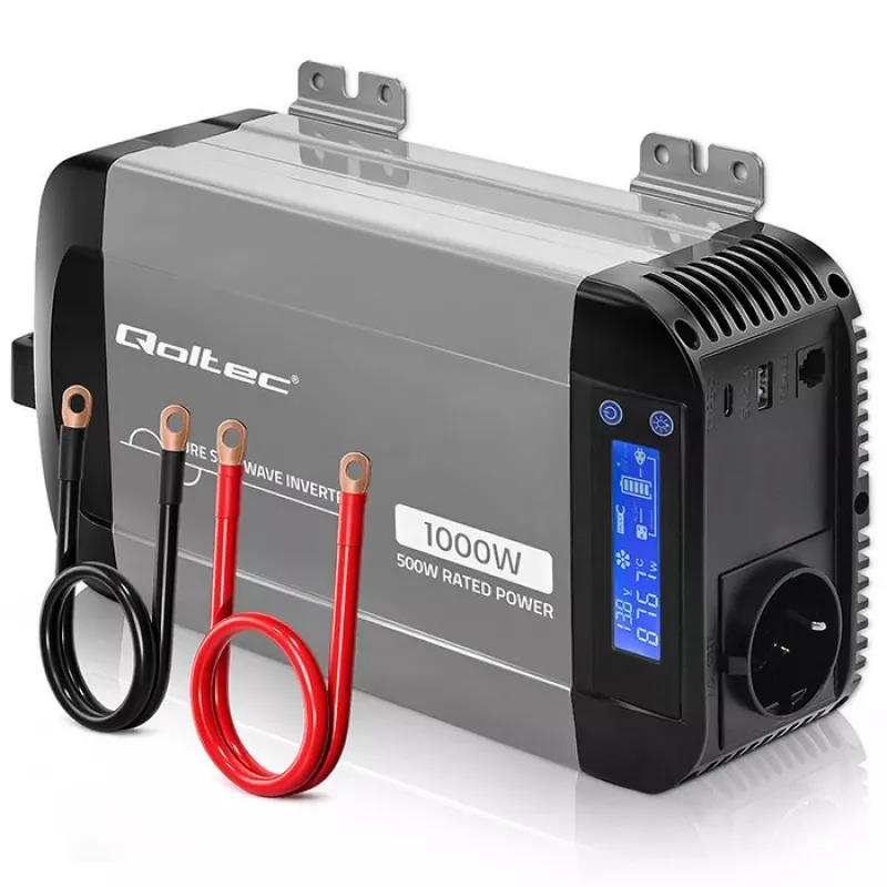 Qoltec Inversor de onda senoidal pura 12V a 230V 500W/1000W con LCD, USB, USB-C, compatible con LiFePo4/GEL/AGM