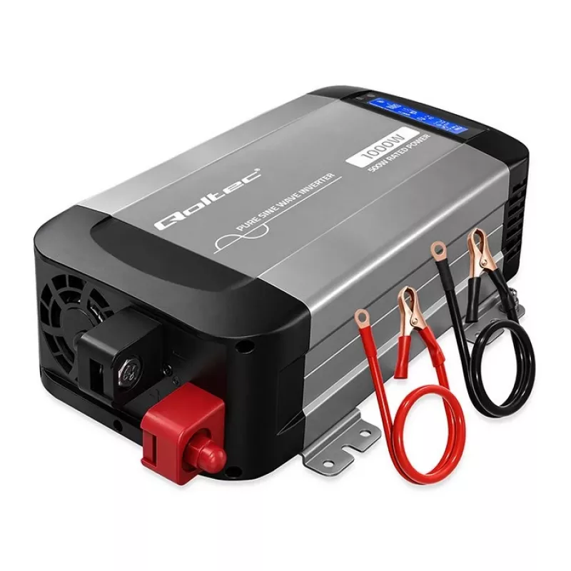 Qoltec Inversor de onda senoidal pura 12V a 230V 500W/1000W con LCD, USB, USB-C, compatible con LiFePo4/GEL/AGM