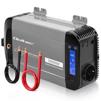 Qoltec Inversor de onda senoidal pura 12V a 230V 500W/1000W con LCD, USB, USB-C, compatible con LiFePo4/GEL/AGM