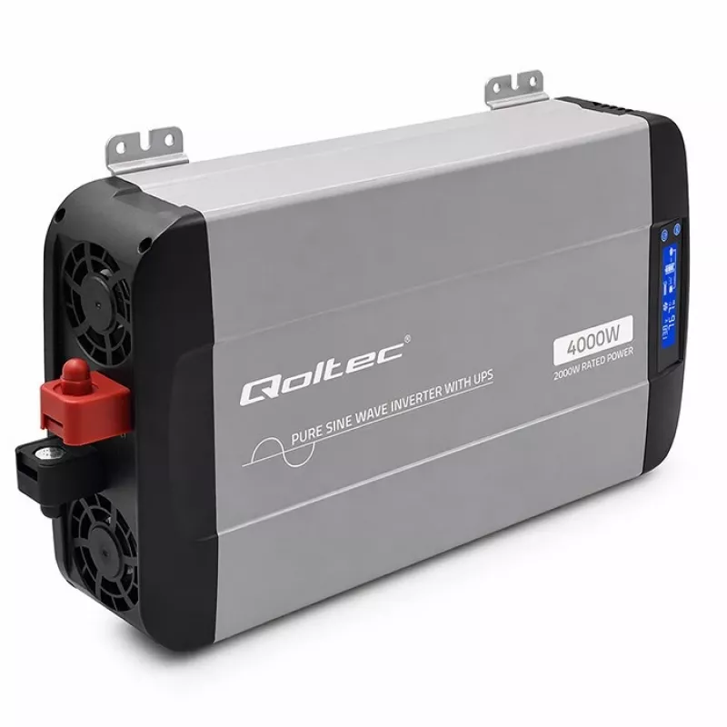 Qoltec Inversor de onda senoidal pura con UPS | 12V a 230V | 2000W potencia continua / 4000W potencia máxima | LCD | USB-A | USB-C PD 18W | compatible con LiFePO4 GEL AGM