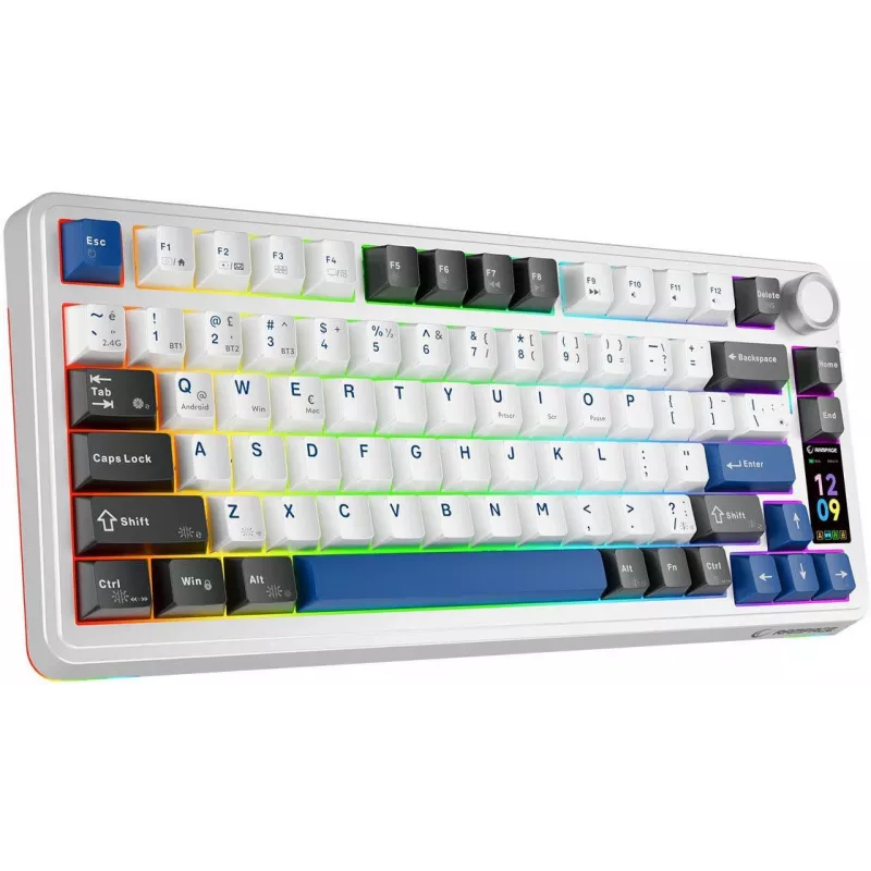 Rampage Quell Pro Teclado mecánico inalámbrico 75% con pantalla TFT, montaje Gasket, Hot-Swap, 2.4G + BT, blanco