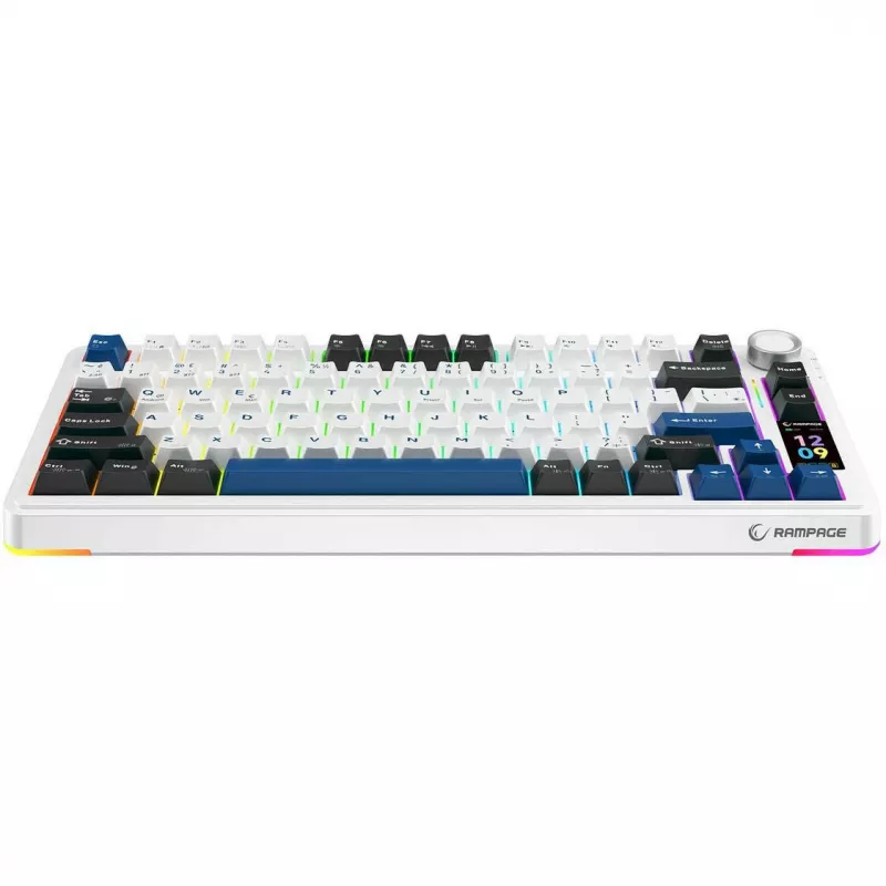Rampage Quell Pro Teclado mecánico inalámbrico 75% con pantalla TFT, montaje Gasket, Hot-Swap, 2.4G + BT, blanco