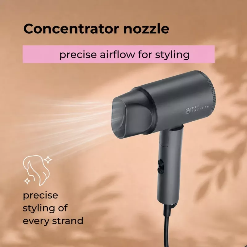 Secador de pelo Ray Battler RB 7007 HD-7007 - 2000W motor AC iónico cerámico, 3 niveles de calor/2 velocidades, golpe de aire frío, boquilla concentradora, negro